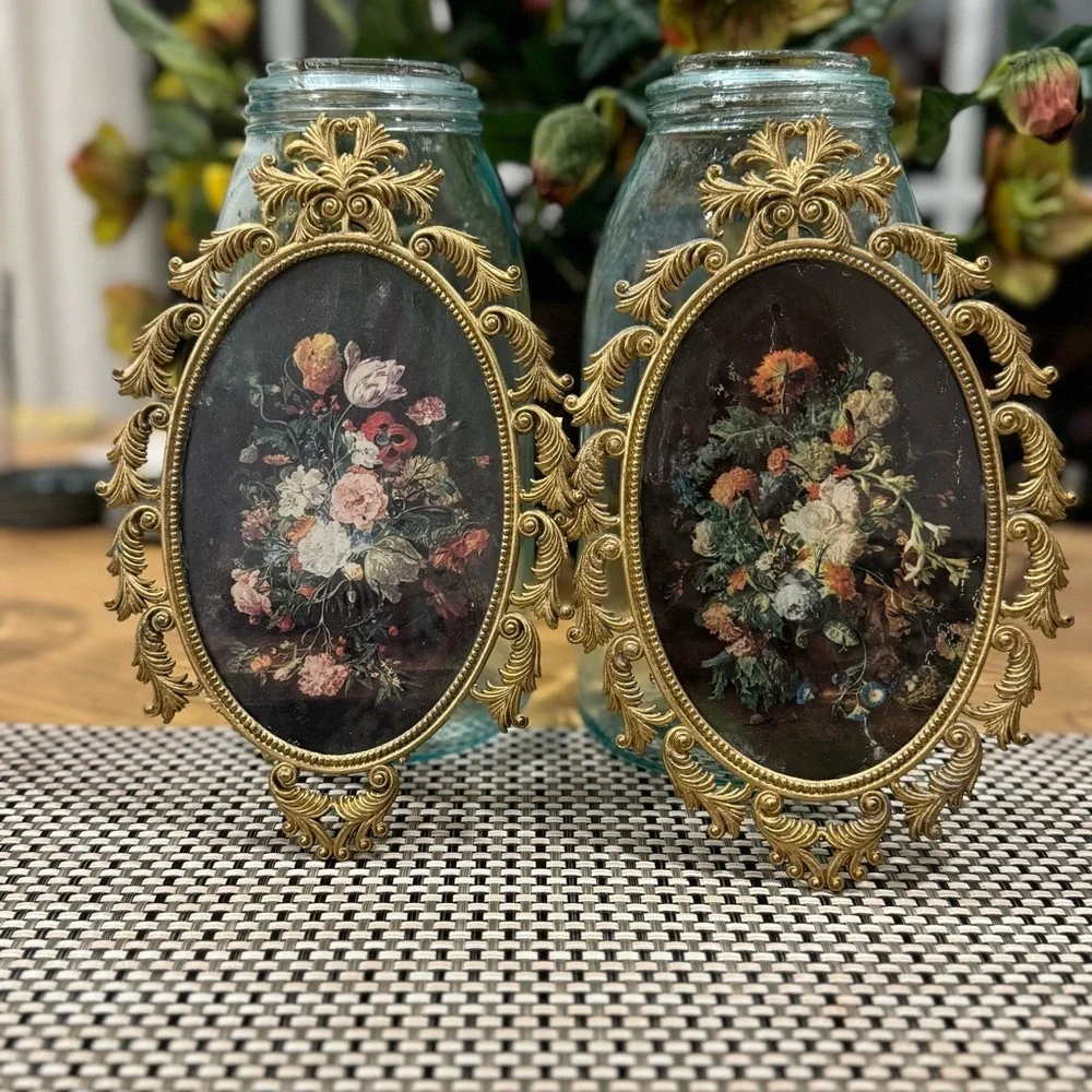 Ornate Filagree Cast Metal Italian Frame W/ Glass Vintage Ornate   Set of 2 -
